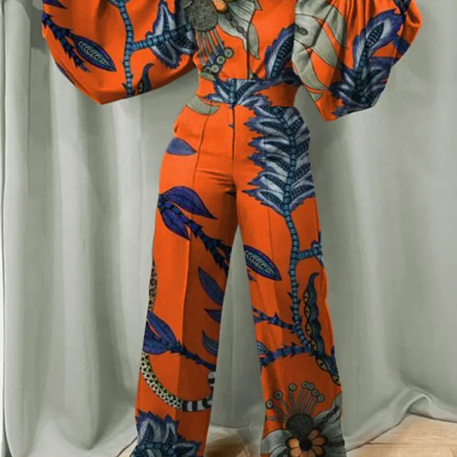 Africa Official Picture Orange Print High Waist Large Size Single Breasted Pullover Slim Jumpsuit.jpg 1