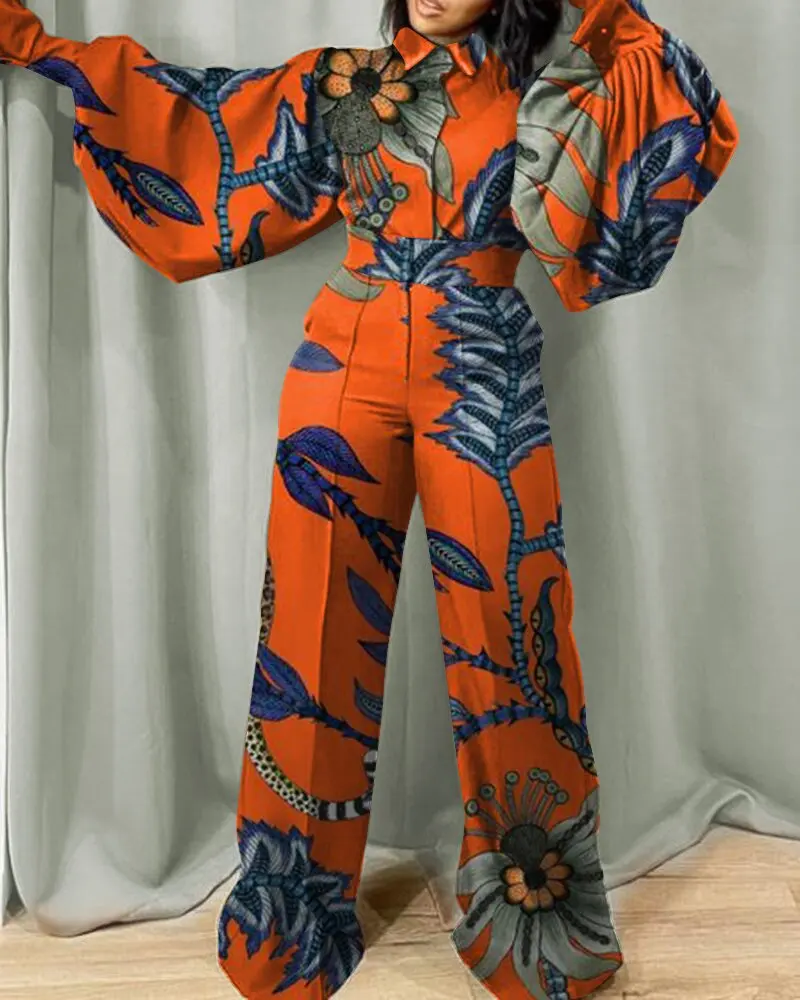 Africa Official Picture Orange Print High Waist Large Size Single Breasted Pullover Slim Jumpsuit.jpg 1