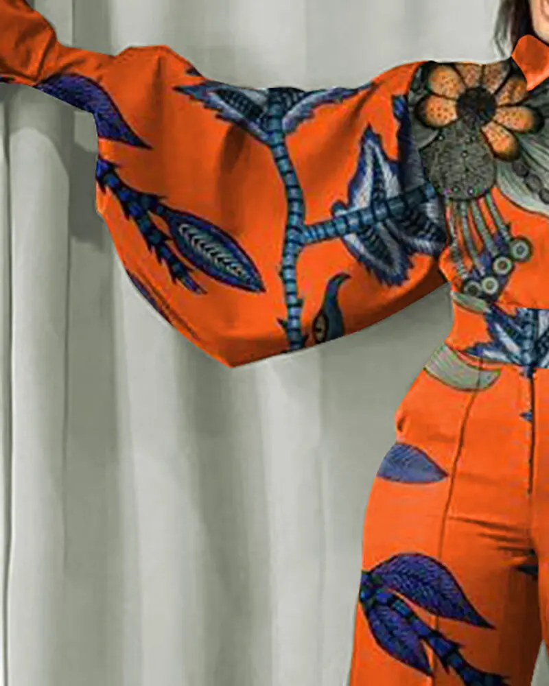 Africa Official Picture Orange Print High Waist Large Size Single Breasted Pullover Slim Jumpsuit.jpg 2