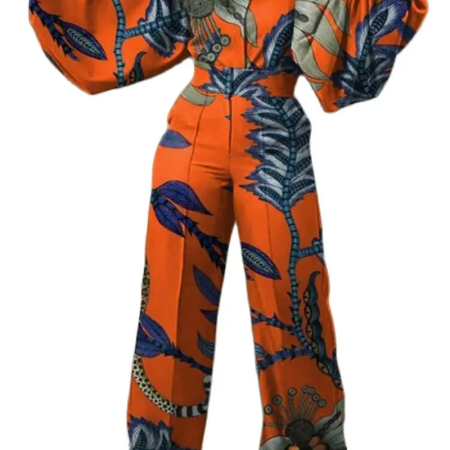 Africa Official Picture Orange Print High Waist Large Size Single Breasted Pullover Slim Jumpsuit.jpg 3