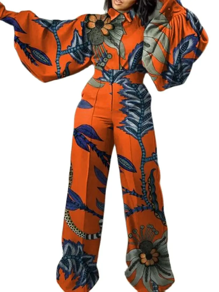 Africa Official Picture Orange Print High Waist Large Size Single Breasted Pullover Slim Jumpsuit.jpg 3