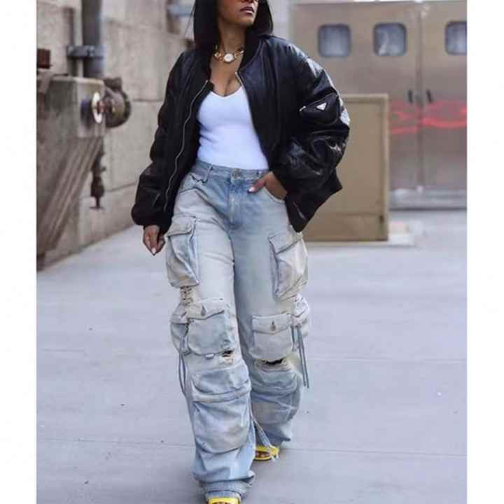 summer-new-multi-pocket-denim-ladies-jean-stretch-ripped-wide-leg-jeans-blue-washed-cargo-pants-woman